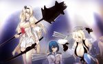  3girls bare_shoulders breasts commentary_request crown detached_sleeves dress elbow_gloves female_admiral_(kantai_collection) fingerless_gloves from_side gloves gundam gundam_tekketsu_no_orphans hat headgear highres holding holding_weapon iowa_(kantai_collection) kantai_collection karakure_(kamo-nanban) large_breasts long_hair mace military military_hat military_uniform mini_crown monochrome multiple_girls off-shoulder_dress off_shoulder shoes thigh-highs uniform warspite_(kantai_collection) weapon 