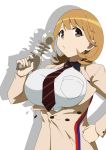  1girl breasts brown_eyes brown_hair energy_gun gobanme_no_mayoi_neko hand_on_hip highres large_breasts looking_at_viewer narusawa_ryouka necktie occultic;nine ray_gun shadow short_hair simple_background solo weapon white_background 
