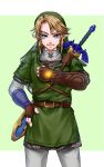  1boy blonde_hair blue_eyes hand_on_own_chest hat link looking_at_viewer pointy_ears shield short_hair smile solo sword the_legend_of_zelda the_legend_of_zelda:_twilight_princess wasabi_(legemd) weapon 