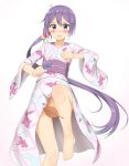  1girl adapted_costume akebono_(kantai_collection) alternate_costume barefoot bell blush commentary_request floral_print flower hair_bell hair_flower hair_ornament highres japanese_clothes kantai_collection kimono long_hair looking_at_viewer nedia_r obi purple_hair sash simple_background solo violet_eyes white_background yukata 