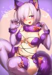  1girl animal_ears blush breasts cat_ears cat_tail claws fangs fate/grand_order fate/stay_night fate_(series) gloves highres navel purple_gloves purple_hair shielder_(fate/grand_order) short_hair smile solo suurin_(ksyaro) tail thigh-highs twitter_username violet_eyes 