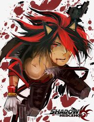 1boy animal_ears black_arms_insignia blood bracelet chain_necklace eyeliner gloves gun guns hedgehog_ears humanized injury jacket male necklace personification red_eyes sega shadow_the_hedgehog solo sonic_(series) tagme two-tone_hair weapon