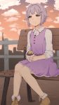  1girl bench character_request clouds commentary commentary_request copyright_request dusk eating hair_ornament hairclip highres idolmaster koshimizu_sachiko short_hair silver_hair sitting sitting_on_bench sky solo tagme terimayo yellow_eyes 