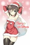  1girl :p armpits arms_up black_hair blue_eyes blush breasts christmas elbow_gloves fur_trim gloves hair_ribbon hat highres looking_at_viewer merry_christmas one_eye_closed original red_gloves ribbon sack santa_costume santa_hat short_hair sky_(freedom) smile solo thigh-highs tongue tongue_out two_side_up 