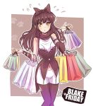  1girl bag black_hair blake_belladonna english hair_ribbon iesupa long_hair looking_at_viewer navel parody ribbon rwby shopping solo ticket yellow_eyes 