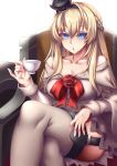  1girl bare_shoulders blonde_hair blue_eyes breasts cleavage collarbone crossed_legs cup fi-san grey_legwear hat highres kantai_collection long_hair looking_at_viewer sitting solo teacup thigh-highs transparent_background warspite_(kantai_collection) 