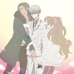  1girl 2boys brown_hair closed_eyes dangan_ronpa dangan_ronpa_3 fading high_ponytail hug labcoat long_hair multiple_boys munakata_kyousuke pantyhose photo_(object) sakakura_juuzou scrunchie smile yukizome_chisa 