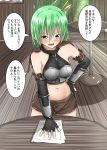  1girl arm_warmers baretto_(karasi07) blue_eyes blush breasts cleavage commentary_request elf epaulettes fingerless_gloves gloves green_hair hand_on_hip highres looking_at_viewer medium_breasts navel open_mouth original pointy_ears short_hair solo stomach translation_request 