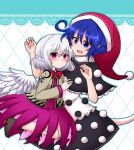  2girls black_dress blue_eyes blue_hair blush bow bowtie braid capelet doremy_sweet dress french_braid hat height_difference jacket kishin_sagume long_sleeves multiple_girls nightcap purple_dress shiohachi single_wing tapir_tail touhou violet_eyes white_dress white_hair wings 