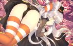  1girl amatsukaze_(kantai_collection) black_panties candy gloves hair_ornament kantai_collection lollipop long_hair looking_at_viewer moon outdoors panties side-tie_panties silver_hair solo thigh-highs touwa_nikuman underwear white_gloves yellow_eyes 