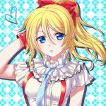  1girl ayase_eli blonde_hair blue_eyes gloves hair_ribbon hand_behind_head love_live! love_live!_school_idol_project necktie plaid plaid_background ponytail red_gloves ribbon solo suspenders tsuru_ringo upper_body 