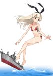  1girl anchor_hair_ornament bare_legs bare_shoulders bikini blonde_hair breasts brown_eyes hair_ornament hair_ribbon kantai_collection long_hair mujuuryoku_kantai navel open_mouth red_eyes ribbon shimakaze_(destroyer) shimakaze_(kantai_collection) side-tie_bikini small_breasts solo surfing swimsuit water 