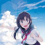  1girl bird black_eyes blush brown_hair clouds commentary happy hexagon leaning_forward light_particles long_hair looking_at_viewer open_mouth original outstretched_arm school_uniform serafuku shinobu_(kobanatu) sky smile solo 