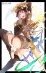  1girl :d arrow ass black_hair blue_eyes blush boots bow_(weapon) drill fang feena_(shingeki_no_bahamut) gauntlets gloves granblue_fantasy hat looking_at_viewer nanahara_fuyuki open_mouth purple_hair quiver shingeki_no_bahamut short_hair short_shorts shorts simple_background smile solo thigh-highs thigh_boots weapon 
