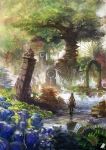  1girl arch blonde_hair dress flower from_behind highres long_hair original plant ruins scenery solo standing stone tree venus_flytrap water you_(shimizu) 