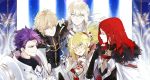 1girl 4boys armor bedivere blonde_hair blue_eyes cape fang fate/grand_order fate_(series) flower fur_trim gawain_(fate/extra) green_eyes hair_flower hair_ornament knight lancelot_(fate/grand_order) long_hair multiple_boys open_mouth ponytail purple_hair redhead saber_of_red scrunchie smile suou tristan_(fate/grand_order) 