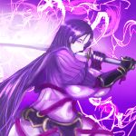  1girl armor black_gloves bodysuit breasts covered_navel f5 fate/grand_order fate_(series) fingerless_gloves gloves glowing glowing_eyes highres huge_breasts japanese_armor katana kote long_hair looking_at_viewer minamoto_no_yorimitsu_(fate/grand_order) purple_background purple_hair solo sword very_long_hair violet_eyes weapon 