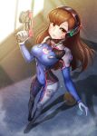  1girl absurdres bangs bodysuit boots bracer breasts brown_eyes brown_hair bunny_print closed_mouth contrapposto covered_navel d.va_(overwatch) emblem eyebrows eyebrows_visible_through_hair facepaint facial_mark finger_on_trigger full_body gloves gun hand_up handgun headphones highres holding holding_gun holding_weapon lips lipstick logo long_hair long_sleeves looking_at_viewer makeup mecha medium_breasts overwatch pauldrons pilot_suit pink_lips pink_lipstick ribbed_bodysuit shoulder_pads skin_tight smile solo thigh-highs thigh_boots thigh_strap turtleneck weapon whisker_markings white_boots white_gloves 