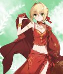  ahoge bare_shoulders blonde_hair bracelet breasts choker cleavage commentary_request dress eyebrows eyebrows_visible_through_hair fate/extra fate_(series) green_eyes hair_between_eyes hair_ribbon jewelry looking_at_viewer navel necklace red_dress red_ribbon ribbon saber_extra sarong stomach tsuedzu 