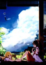  2girls absurdres aqua_eyes bare_legs bare_shoulders barefoot blonde_hair blue_sky bow brown_hair clouds detached_sleeves dress eating food hair_bow hair_tubes hakurei_reimu head_rest highres holding holding_spoon japanese_clothes ke-ta kirisame_marisa long_hair long_sleeves lying miko multiple_girls on_stomach open_mouth puffy_short_sleeves puffy_sleeves ribbon ribbon-trimmed_sleeves ribbon_trim scan shaved_ice short_sleeves sitting skirt skirt_set sky spoon touhou wide_sleeves wind_chime 