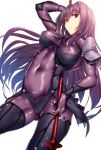  1girl bodysuit breasts covered_navel fate/grand_order fate_(series) gae_bolg highres long_hair nonohachi pauldrons polearm purple_hair red_eyes scathach_(fate/grand_order) simple_background skin_tight solo spear thigh-highs weapon white_background 