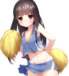  1girl black_hair blue_shirt blue_skirt boruhis breasts brown_eyes character_request cleavage groin long_hair microskirt navel no_panties pleated_skirt pom_pom_(clothes) pom_poms shirt simple_background skirt small_breasts solo white_background 