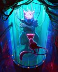  air_bubble artist_name blue_eyes blurry bubble cable commentary devin_elle_kurtz floating glowing glowing_eyes highres indoors mew mewtwo no_humans pokemon pokemon_(creature) stasis_tank watermark 