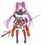  1girl armor breasts erect_nipples full_body hair_ribbon hand_on_hip highres holding holding_weapon ichi_makoto japanese_armor large_breasts long_hair looking_at_viewer obi official_art polearm purple_hair ribbon sash sengoku_hime_5 simple_background smile solo twintails weapon white_background yellow_eyes yukimura_sanada 