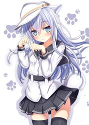  1girl animal_ears aruka_(alka_p1) belt black_legwear black_skirt blue_eyes blush buttons cat_ears cat_tail flat_cap hair_between_eyes hammer_and_sickle hat hibiki_(kantai_collection) kantai_collection kemonomimi_mode long_hair long_sleeves looking_at_viewer paw_pose paw_print pleated_skirt remodel_(kantai_collection) sailor_collar school_uniform serafuku silver_hair skirt solo star tail thigh-highs verniy_(kantai_collection) zettai_ryouiki 