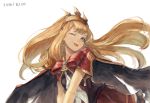  +_+ 1girl 2016 alternate_eye_color bangs black_vest blonde_hair blue_eyes bow cagliostro_(granblue_fantasy) cape closed_mouth dated floating_hair granblue_fantasy hairband long_hair miniskirt red_bow red_skirt simple_background skirt smile solo spikes takup tongue tongue_out upper_body v_arms vest white_background 
