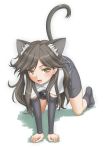  1girl all_fours animal_ears arashio_(kantai_collection) arm_warmers bike_shorts black_legwear brown_eyes brown_hair cat_ears cat_tail fang highres kantai_collection kemonomimi_mode kneehighs long_hair looking_at_viewer open_mouth pleated_skirt school_uniform shirt short_sleeves skirt smile solo suspenders t2r tail white_shirt 