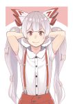  1girl adjusting_hair arms_behind_head arms_up bangs blunt_bangs bow buttons collared_shirt commentary_request fujiwara_no_mokou hair_bow long_hair looking_at_viewer multi-tied_hair p_no_hito pink_background red_eyes shiny shiny_hair shirt short_sleeves smile solo suspenders touhou twintails upper_body very_long_hair white_background white_hair white_shirt 