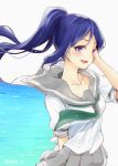  1girl :d arm_at_side blue_hair from_side hair_blowing hand_in_hair long_hair looking_at_viewer love_live! love_live!_sunshine!! matsuura_kanan natsu_(natume0504) neckerchief ocean open_mouth pleated_skirt ponytail school_uniform serafuku short_sleeves skirt smile solo tie_clip twitter_username violet_eyes wind 