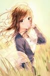  1girl backlighting blush brown_eyes brown_hair cross cross_necklace eyes_visible_through_hair floating_hair hand_on_own_cheek highres hiten_goane_ryu jewelry long_hair looking_at_viewer necklace open_clothes original outdoors parted_lips solo standing transparent wheat_field wind wind_lift 