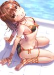  1girl arched_back armlet ass bare_shoulders barefoot bikini black_bikini blush breasts brown_eyes brown_hair collarbone from_above front-tie_bikini front-tie_top gloves grin hair_ornament hairpin looking_at_viewer looking_up misaka_mikoto raika9 short_hair side-tie_bikini sitting smile solo spiky_hair swimsuit thigh_strap to_aru_kagaku_no_railgun to_aru_majutsu_no_index wariza 