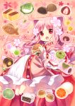  1girl animal_ears barefoot blush cat_ears cookie dress fangs flower food kagami_leo long_hair long_sleeves open_mouth original pink_hair red_eyes robe solo 