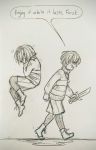  boots chara_(undertale) clenched_hand commentary covered_eyes covering_face dual_persona english floating frisk_(undertale) grin heart heart_necklace highres jewelry knife monochrome necklace parted_lips peppermintbee shorts sketch smile spoilers striped striped_sweater sweater traditional_media undertale walking 