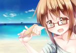  1girl :d alternate_costume beach blue_sky blush brown_hair close-up clouds collarbone face food glasses highres ice_cream ice_cream_cone kantai_collection long_hair looking_at_viewer mochizuki_(kantai_collection) ocean open_mouth red-framed_eyewear sand semi-rimless_glasses shirt short_sleeves sky smile solo under-rim_glasses water yuki_kawachi 