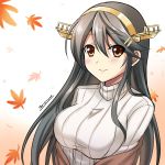 1girl alternate_costume artist_name black_hair breasts brown_eyes eyebrows eyebrows_visible_through_hair falling_leaves gradient gradient_background hair_between_eyes hair_ornament hairclip haruna_(kantai_collection) headgear highres jacket_on_shoulders kantai_collection large_breasts long_hair looking_at_viewer remodel_(kantai_collection) ribbed_sweater shiny shiny_hair smile solo sweater the-sinner turtleneck turtleneck_sweater white_background white_sweater 