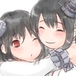  2girls bangs bare_shoulders black_hair blush chibi closed_eyes closed_mouth detached_sleeves eyebrows eyebrows_visible_through_hair fusou_(kantai_collection) hair_between_eyes hair_ornament hug kantai_collection long_sleeves multiple_girls nontraditional_miko one_eye_closed red_eyes rikka_(rikka331) short_hair simple_background smile white_background yamashiro_(kantai_collection) 