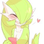  1girl alternate_hairstyle breasts closed_eyes gardevoir green_hair heart highres large_breasts laughing long_hair no_humans open_mouth pokemon roots_(artist) teeth 
