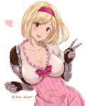  1girl :d blonde_hair blush breasts brown_eyes cleavage collarbone djeeta_(granblue_fantasy) fighter_(granblue_fantasy) gauntlets granblue_fantasy hairband heart large_breasts looking_at_viewer moshoko_(mizuneroku) open_mouth short_hair smile solo twitter_username v 