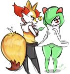  1girl blush braixen breast_envy breasts crossed_arms fox green_hair kirlia large_breasts no_humans no_pussy pokemon red_eyes skirt small_breasts stick teddy_jack thick_thighs thighs white_skin 