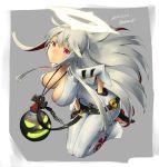  1girl ankh belt black_gloves blonde_hair breasts dated gloves grey_background guilty_gear guilty_gear_xrd halo hand_on_hip highres jack-o&#039;-lantern jack-o_(guilty_gear) jewelry long_hair looking_at_viewer medium_breasts necklace red_eyes redhead smile solo thighs twitter_username zaki_(narashigeo) 
