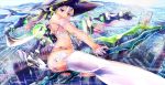  1girl blue_eyes city floating_hand flying foreshortening garter_straps gauntlets gloves hat jitome lingerie makeup mashiro_akira silver_hair single_thighhigh solo thigh-highs tower underwear witch witch_hat 
