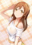  1girl arm_up breasts brown_eyes brown_hair commentary_request from_above kunikida_hanamaru long_hair looking_at_viewer love_live! love_live!_sunshine!! medium_breasts nannacy7 salute shirt smile solo upper_body white_shirt 