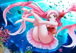  1girl air_bubble anklet bare_legs barefoot breath bubble coral dress fish freediving jewelry leg_hug long_twintails mito_yoshihiro ocean original redhead sea_turtle starfish turtle twintails underwater zodiac 