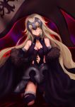  1girl absurdres blonde_hair breasts cape fate/grand_order fate/stay_night fate_(series) fur-trimmed_cape fur-trimmed_legwear headpiece highres jeanne_alter long_hair navel ruler_(fate/apocrypha) solo thigh-highs thighs torn_clothes torn_thighhighs yellow_eyes 