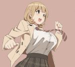  1girl blush breasts brown_background brown_eyes brown_hair elel185 hair_ornament hairclip huge_breasts narusawa_ryouka occultic;nine plaid plaid_skirt school_uniform short_hair simple_background skirt solo 