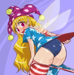  1girl american_flag_dress american_flag_legwear ass bangs bent_over blonde_hair blue_background blush clownpiece cowboy_shot dress dress_pull embarrassed eyebrows eyebrows_visible_through_hair fairy_wings hat jester_cap long_hair looking_at_viewer neck_ruff open_mouth pantyhose pantyhose_pull pink_eyes polka_dot school_swimsuit shiny shiny_clothes shiny_hair shiny_skin short_dress short_sleeves simple_background solo star star_print striped swimsuit touhou very_long_hair wavy_mouth wings winn 